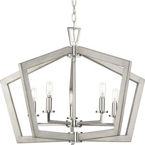 Galloway Collection Five-Light 19.25" Brushed Nickel Modern Farmhouse Pendant Light with Grey Washed Oak Accents