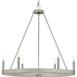 Galloway Collection Six-Light 28.25" Brushed Nickel Modern Farmhouse Chandelier with Grey Washed Oak Accents