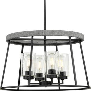 Laramie Collection Four-Light Matte Black Rustic Modern Clear Seeded Glass Chandelier