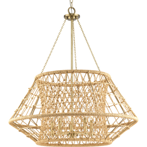 Laila Collection Five-Light Vintage Brass Coastal Chandelier with Woven Jute Accents