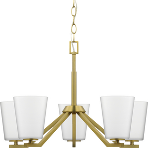Vertex Collection Five-Light Brushed Gold Etched White Contemporary Chandelier