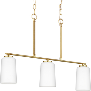 Adley Collection Three-Light Satin Brass Etched White Glass New Traditional Linear Chandelier