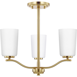 Adley Collection Three-Light Satin Brass Etched White Glass New Traditional Semi-Flush Convertible Light