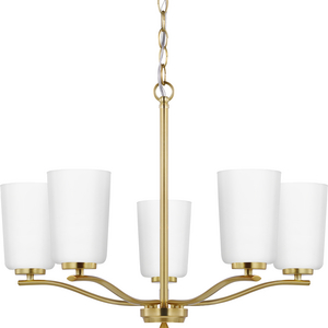 Adley Collection Five-Light Satin Brass Etched White Glass New Traditional Chandelier