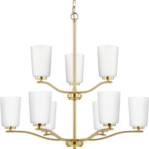 Adley Collection Nine-Light Satin Brass Etched White Glass New Traditional Chandelier