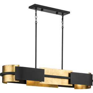 Lowery Collection Four-Light Textured Black Industrial Luxe Linear Chandelier with Distressed Gold Leaf Accent