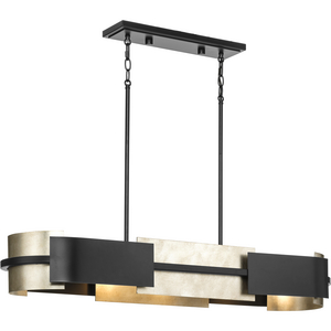 Lowery Collection Four-Light Matte Black Industrial Luxe Linear Chandelier with Aged Silver Leaf Accent
