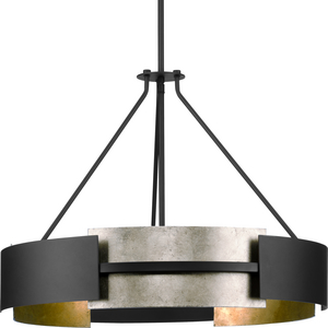 Lowery Collection Five-Light Matte Black Industrial Luxe Semi-Flush Convertible or Hanging Pendant Light with Aged Silver Leaf Accent