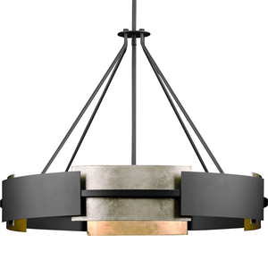 Lowery Collection Six-Light Matte Black Industrial Luxe Hanging Pendant Light with Aged Silver Leaf Accent
