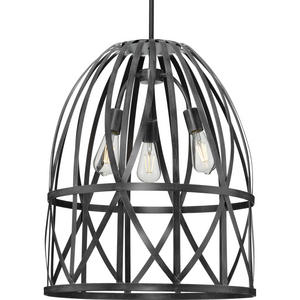 Chastain Collection Three-Light Textured Black Cerused Black Oak Basket Farmhouse Pendant Light