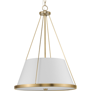 Saffert Collection Three-Light New Traditional Vintage Brass White Linen Shade Pendant Light