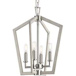 Galloway Collection Four-Light 18" Brushed Nickel Modern Farmhouse Foyer Light with Grey Washed Oak Accents