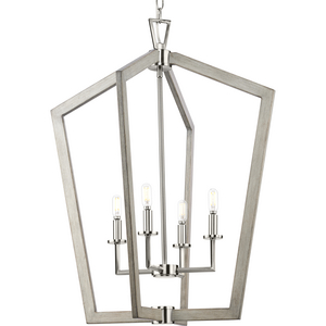 Galloway Collection Four-Light 30" Brushed Nickel Modern Farmhouse Foyer Light with Grey Washed Oak Accents
