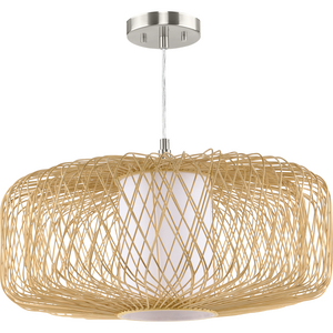 Cordova Collection One-Light Large Natural Rattan Organic Modern Pendant with White Linen Shade