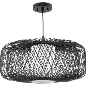 Cordova Collection One-Light Black Large Rattan Organic Modern Pendant with White Linen Shade