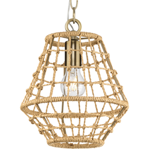 Laila Collection One-Light Vintage Brass Coastal Pendant with Woven Jute Accent