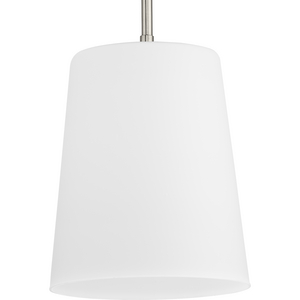 Clarion Collection One-Light Brushed Nickel Etched White Transitional Pendant