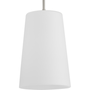 Clarion Collection One-Light Brushed Nickel Etched White Transitional Pendant