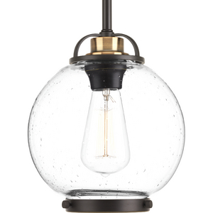 Chronicle Collection One-Light Antique Bronze Clear Seeded White Opal Glass Coastal Mini-Pendant Light