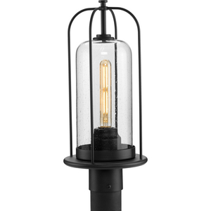 Watch Hill Collection One-Light Textured Black and Clear Seeded Glass Farmhouse Style Outdoor Post Lantern