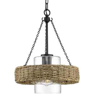 Pembroke Collection One-Light 18.5" Matte Black Coastal Outdoor Pendant with Mocha Rattan Accents and Seeded Glass Shade