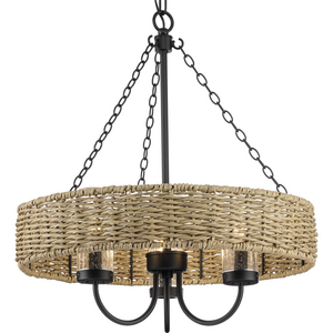 Pembroke Collection Three-Light 21.5" Matte Black Coastal Outdoor Pendant with Mocha Rattan Accents and Seeded Glass Shade