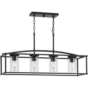Swansea Collection Four-Light Three 6" Matte Black Transitional Outdoor Chandelier with Clear Glass Shades