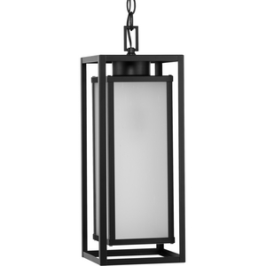 Unison Collection One-Light Matte Black Etched Seeded Glass Contemporary Hanging Lantern