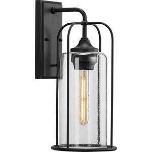 Watch Hill Collection One-Light Textured Black and Clear Seeded Glass Farmhouse Style Medium Outdoor Wall Lantern