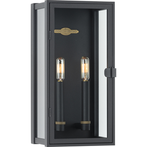 Stature Collection Two-Light Textured Black and Clear Glass Transitional Style Medium Outdoor Wall Lantern