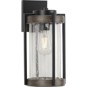 Whitmire Collection  One-Light Matte Black with Aged Oak Accents Clear Seeded Glass Farmhouse Outdoor Wall Lantern Light