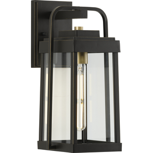 Walcott Collection  One-Light Antique Bronze with Brasstone Accents Clear Glass Transitional Outdoor Wall Lantern Light