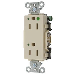 Straight Blade Devices, Decorator Duplex Receptacle, Hospital Grade, Hubbell-Pro, LED Indicator, 15A 125V, 2-Pole 3-Wire Grounding, 5-15R, Ivory