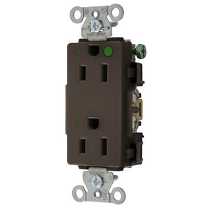 Straight Blade Devices, Decorator Duplex Receptacle, Hospital Grade, Hubbell-Pro, LED Indicator, 15A 125V, 2-Pole 3-Wire Grounding, 5-15R, Brown