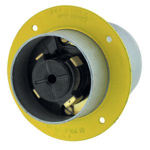 Locking Devices, Bryant Power Interrupting, Industrial, Flanged Inlet, 60A 600V AC, 3-Pole 4-Wire Grounding, Non- NEMA, Screw Terminal, Yellow