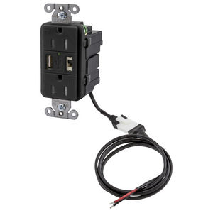 iStation, P-Sup, 5 VDC, Duplex, 15A125V, 2-Pole 3-Wire Grounding, USB Charger, Black