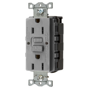 Power Protection Products, GFCI Receptacle, Duplex, SNAP-Connect, Commercial Grade, Self Test, 15A 125V, 2-Pole 3-Wire Grounding, 5-15R, Gray, USA