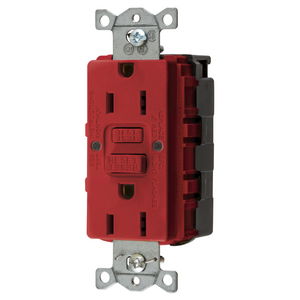 Power Protection Products, GFCI Receptacle, Duplex, SNAP-Connect, Commercial Grade, Self Test, 15A 125V, 2-Pole 3-Wire Grounding, 5-15R, Red, USA