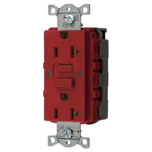 Power Protection Products, GFCI Receptacle, Duplex, SNAP-Connect, Commercial Grade, Self Test, 20A 125V, 2-Pole 3-Wire Grounding, 5-20R, Red, USA