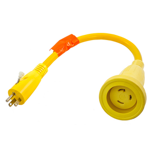 Adapter, Marine, Molded, Straight Blade, 30A 125V Locking Female L5-30R to 15A 125V 5-15P Straight Blade Male, Yellow