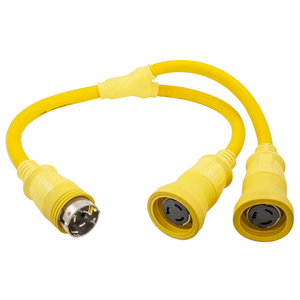 Adapter, Marine Adapter, Molded "Y", 2) 50A 125V Locking Female 2-Pole 3-Wire Grounding to 50A 125/250V, Locking Male 3-Pole 4-Wire Grounding, Yellow