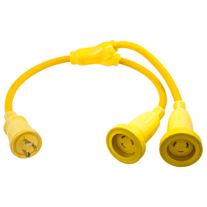 Adapter, Marine Adapter, Molded "Y", 2) 30A 125V Locking Female L5-30R to 30A 125 Locking Male, 2-Pole 3-Wire Grounding, Yellow