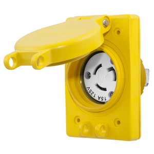 Watertight Devices, Twist-Lock® Receptacle with Lift Cover, 15A, 125VAC, 2 Pole, 3 Wire, Thermoplastic elastomer, NEMA L5-15R, Yellow.