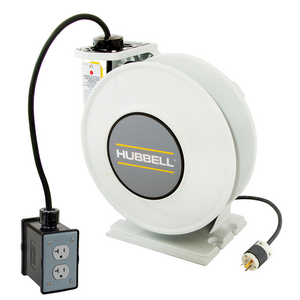 White Industrial Reel with Black Portable Outlet Box and (1) 20A Duplex Receptacle, UL Type 1, 25 Ft, #12/3 SJO, 20 A, 125 VAC