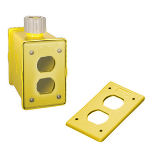 Portable Outlet Boxes, Boxes and Plates, Box with Strain Relief, 1-Gang Front and Back Non-Metallic, Furnished with 2) Yellow Duplex Plates