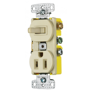Combination Devices, Residential Grade, 1) Single Pole Toggle, 1) Single Receptacle, 15A 120V AC, Self Grounding, Side Wired