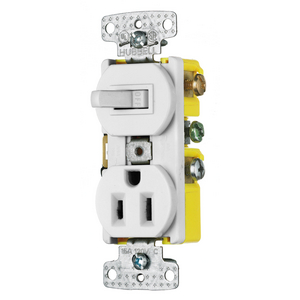 Combination Devices, Residential Grade, 1) Single Pole Toggle, 1) Single Tamper Resistant Receptacle, 15A 120V AC, Self Grounding, Side Wired