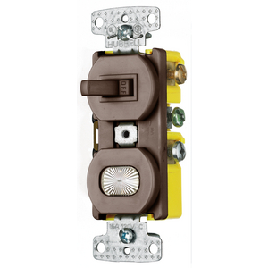 Combination Devices, Residential Grade, 1) Single Pole Toggle, 1) Pilot Light, 15A 120V AC, Self Grounding, Side Wired, Brown