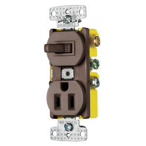 Combination Devices, Residential Grade, 1) Three Way Toggle, 1) Single Receptacle, 15A 120V AC, Self Grounding, Side Wired, Brown