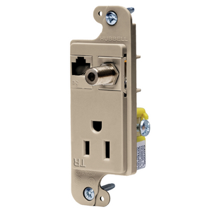 J-Load Media Outlet, 15A 125V Tamper Resistant Receptacle, Cat 6 Jack, F Coax, Decorator Frame, Almond